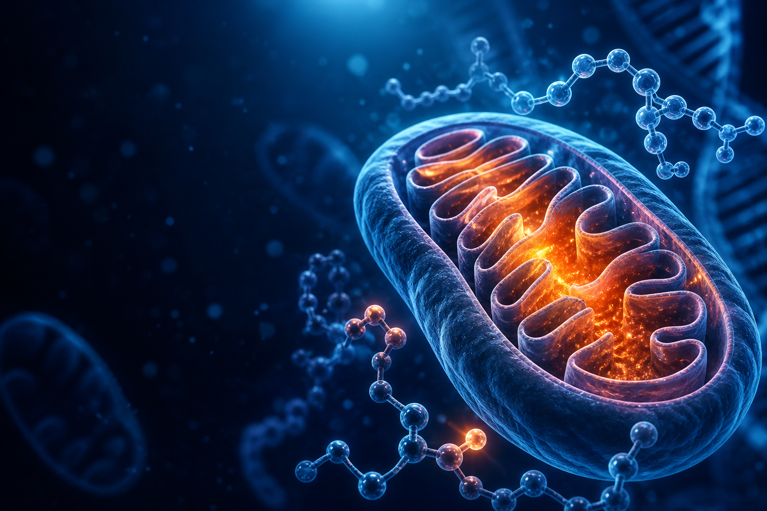 Glowing mitochondrion with peptide molecules for mitochondrial peptide research