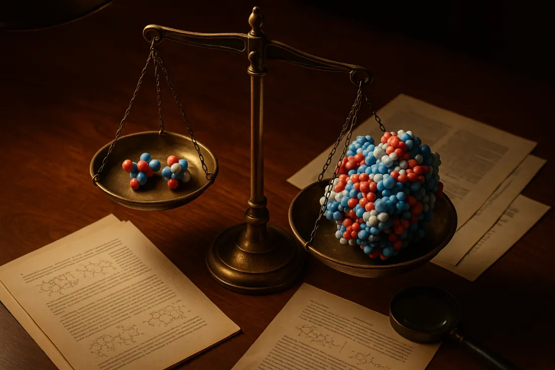 Research peptide vials and pharmaceutical HGH vial on laboratory bench with molecular models