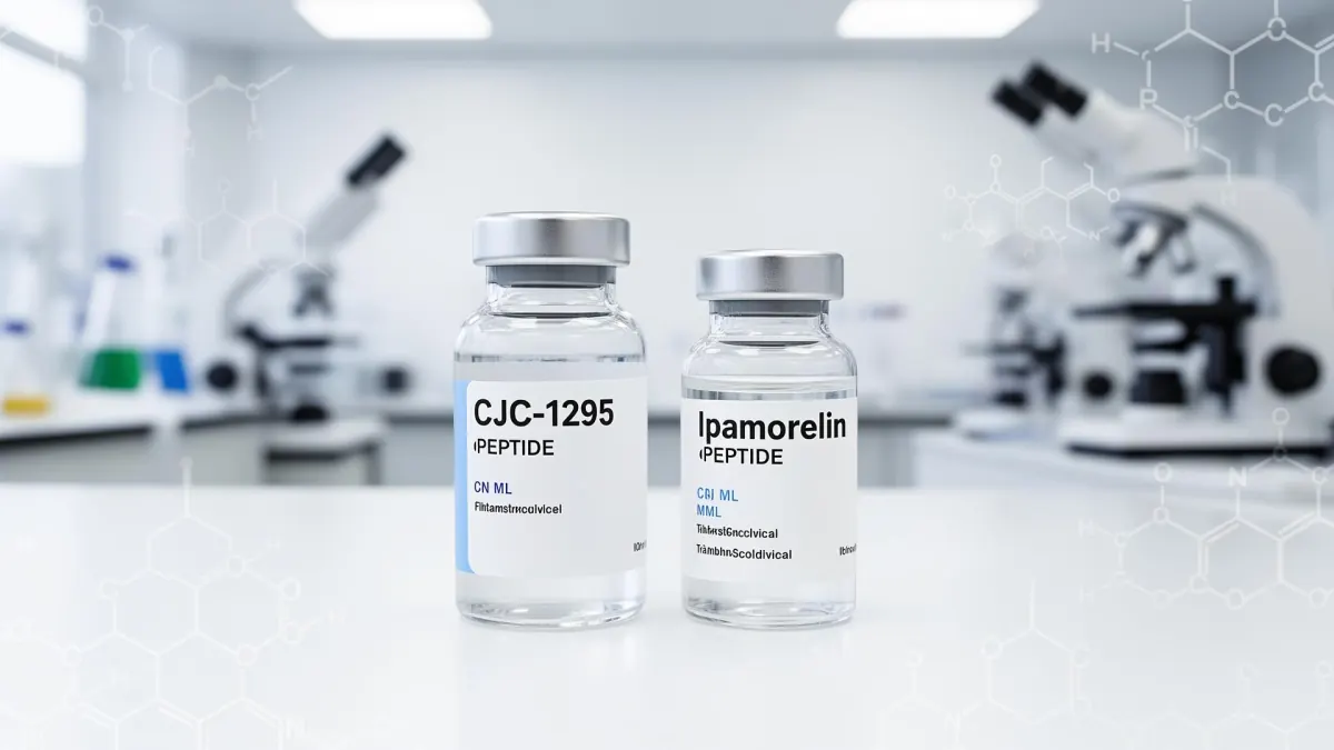 CJC-1295 and Ipamorelin peptide vials in a lab