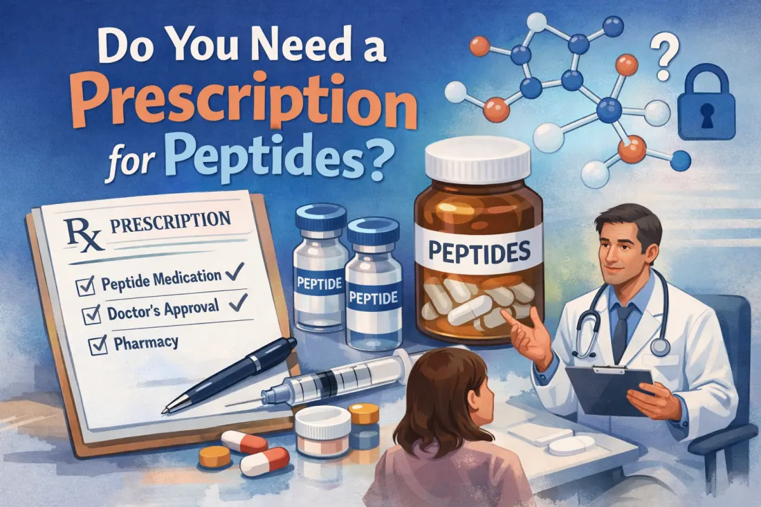 Prescription pad next to research peptide vials illustrating the regulatory distinction
