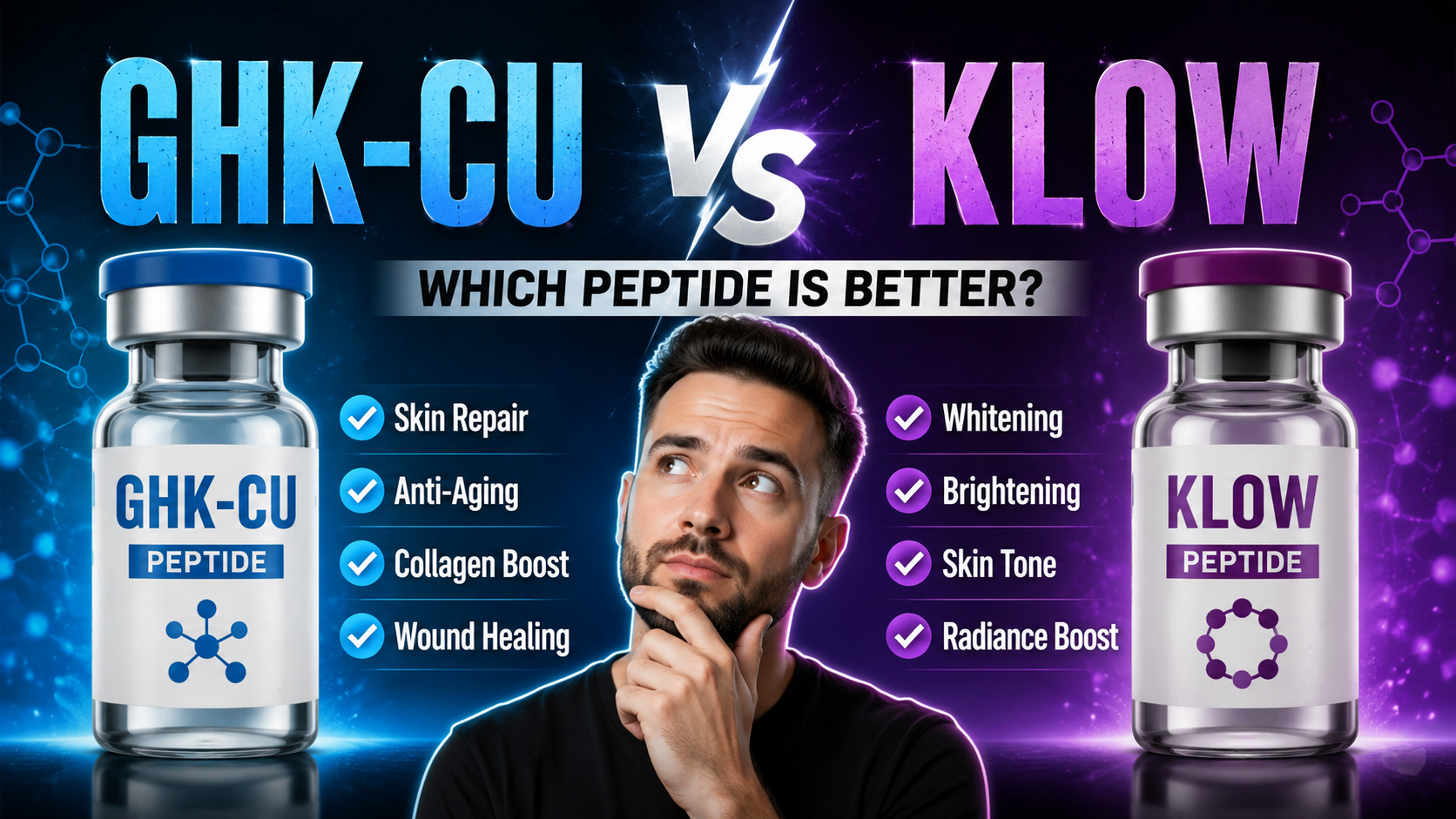 GHK-Cu vs Klow Peptide comparison thumbnail with research peptide vials and skin-care benefit labels