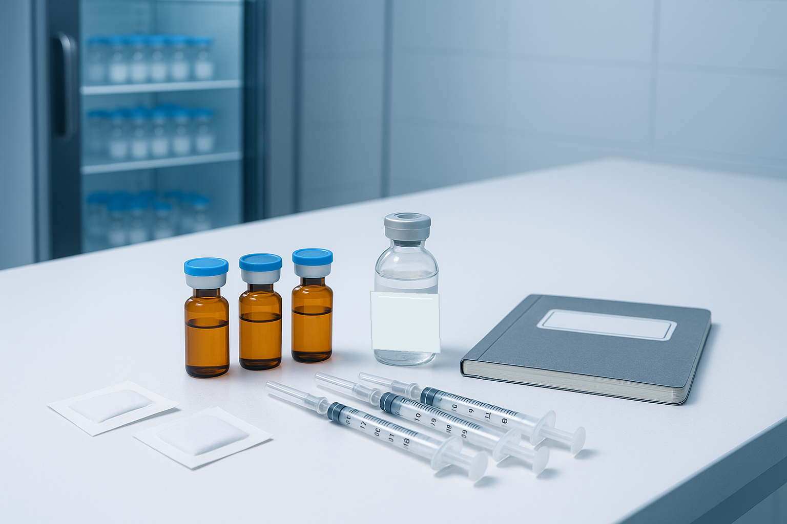 Reconstituted peptide vials, bacteriostatic water, syringes, and cold-storage lab refrigerator