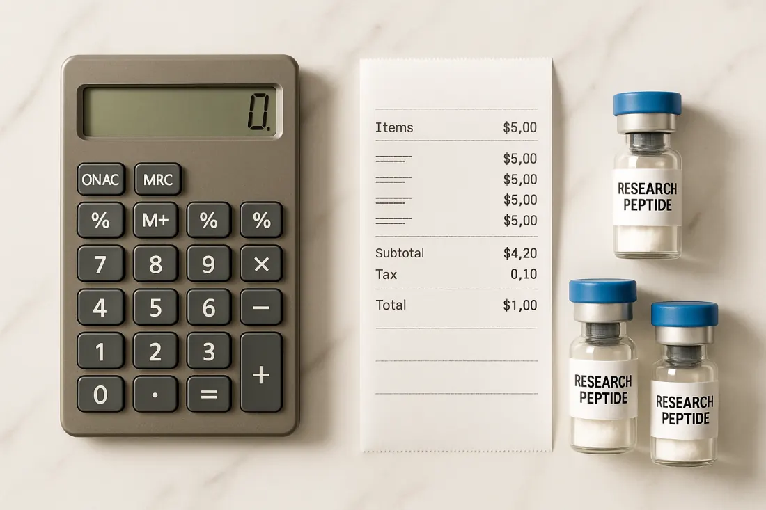 Calculator and research peptide vials on marble surface representing peptide cost analysis