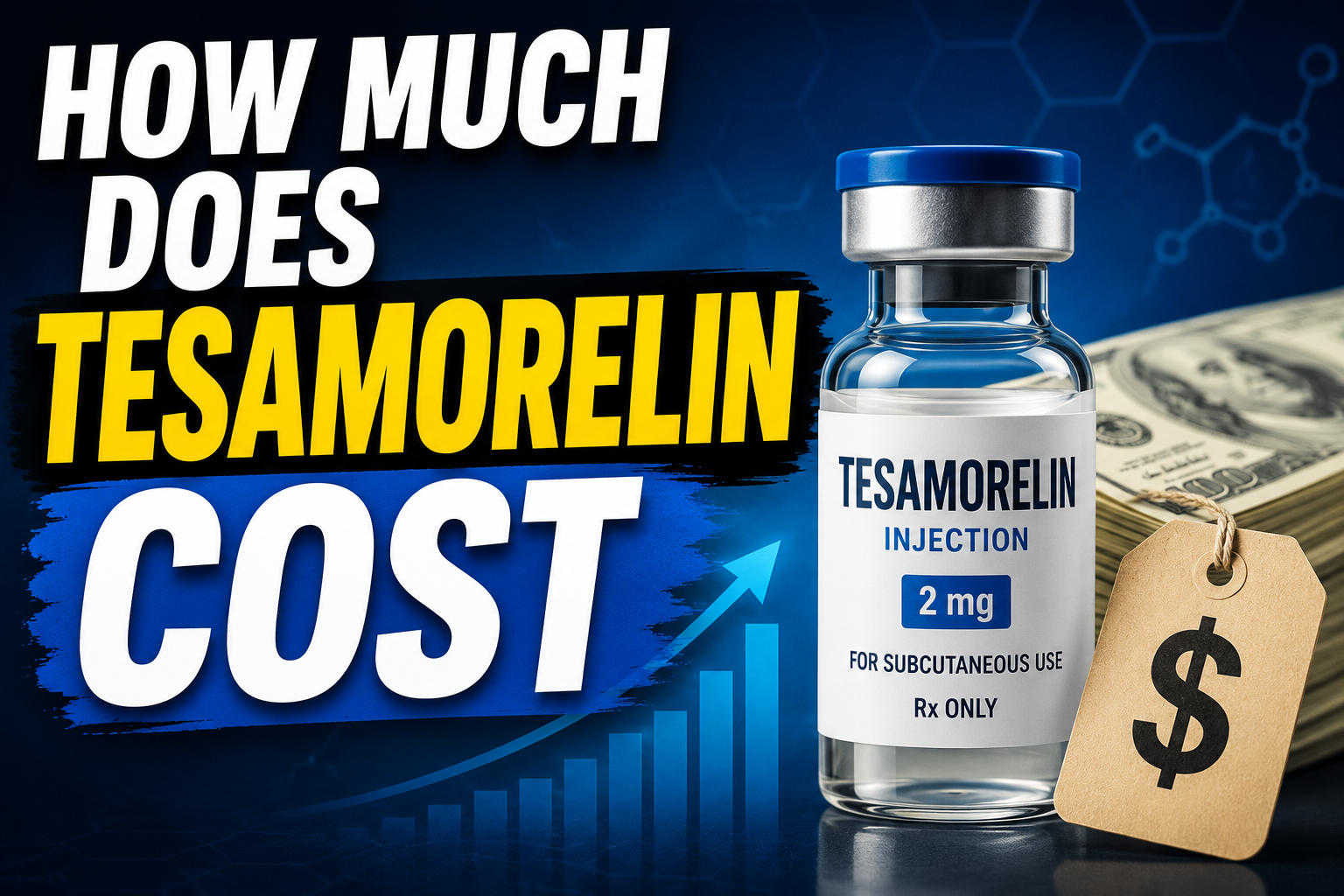 Tesamorelin cost research desk with peptide vials, invoice sheet, calculator, and lab tools