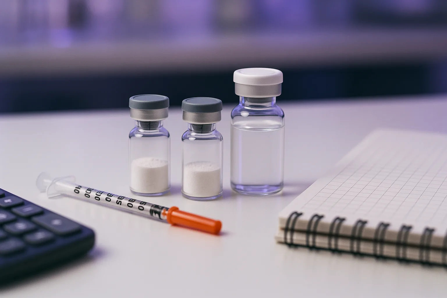 CJC-1295 and Ipamorelin research peptide vials with syringe, diluent vial, calculator, and lab notebook