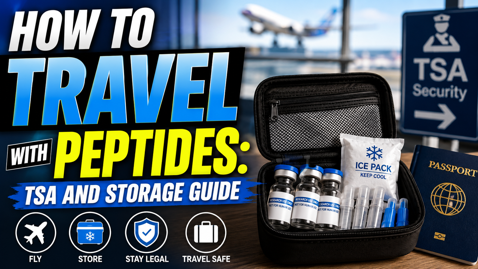 Insulated travel case with peptide vials, gel packs, syringes, checklist, and carry-on luggage