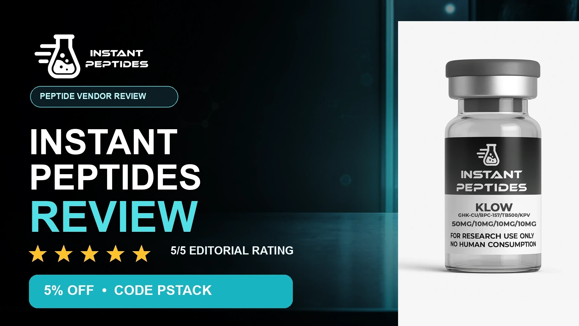 Instant Peptides review with official KLOW research vial, five-star editorial rating, and PSTACK coupon code