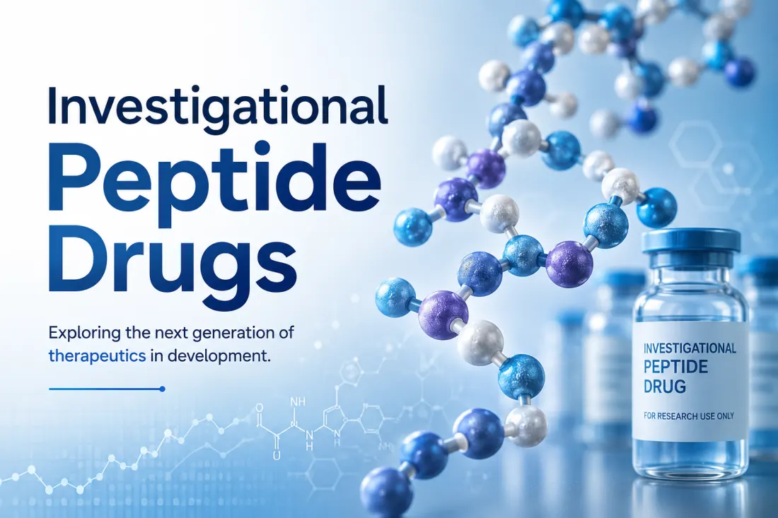 Clinical research desk with peptide trial materials