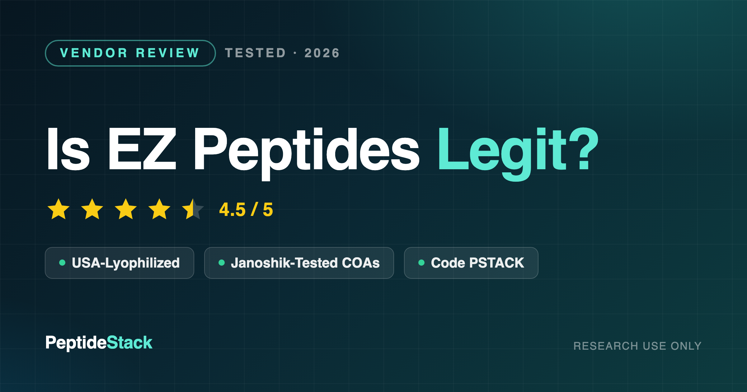 Is EZ Peptides Legit? review graphic rated 4.5 out of 5 stars with badges for USA lyophilization, Janoshik-tested COAs, and code PSTACK