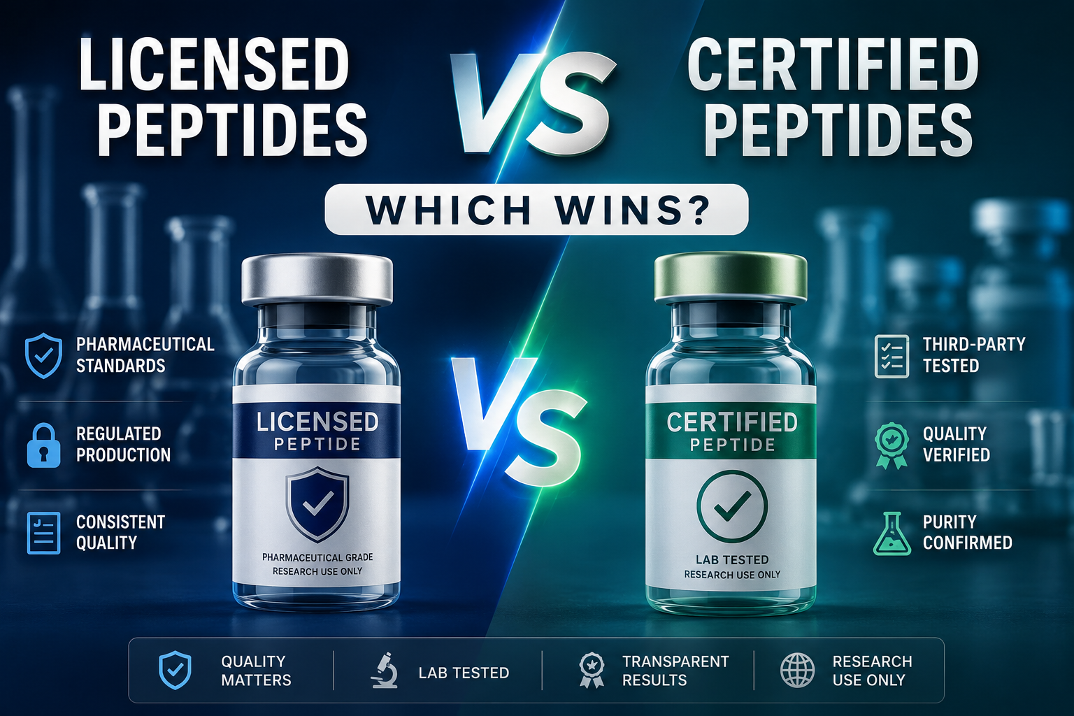Research peptide vendor comparison with peptide vials, COA documents, shipping labels, and a comparison checklist