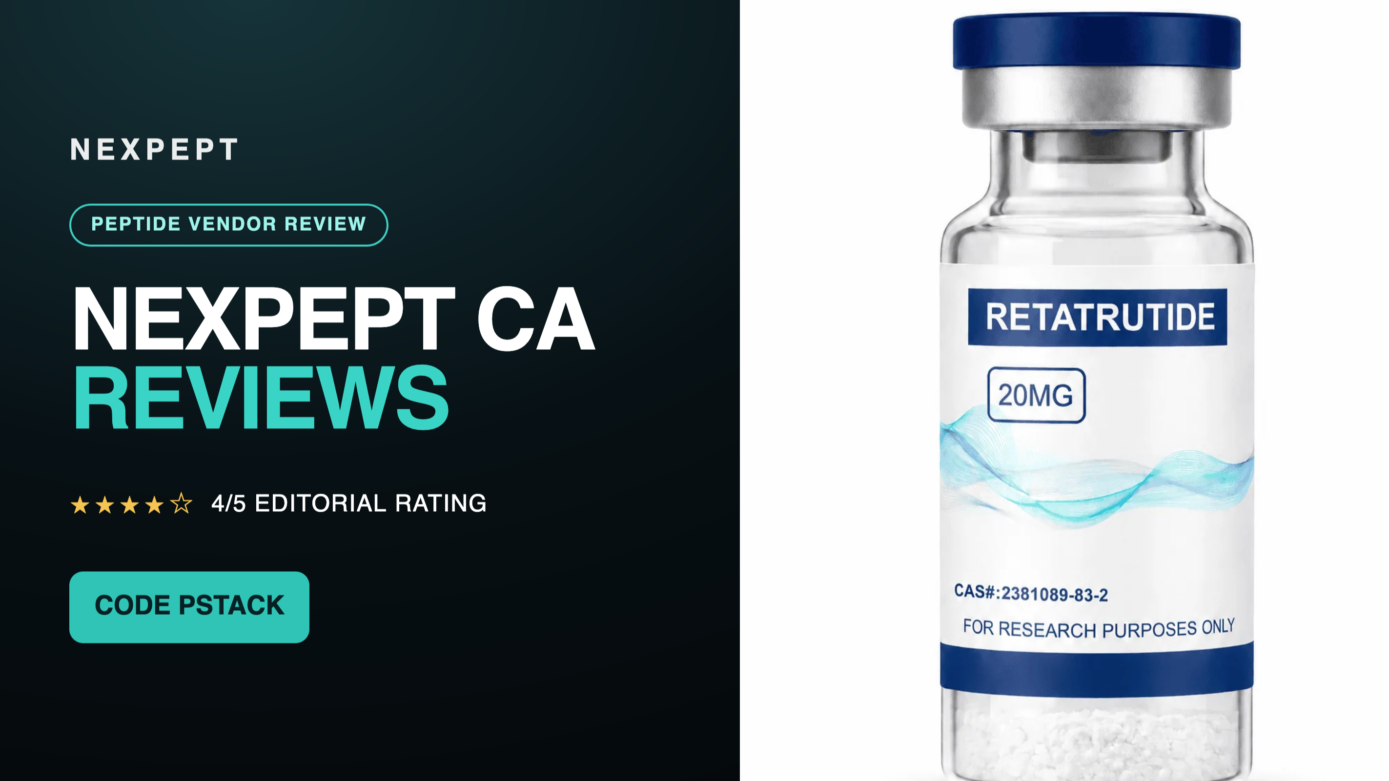 NexPept IS reviews thumbnail with a NexPept Retatrutide 20mg research vial and PSTACK coupon