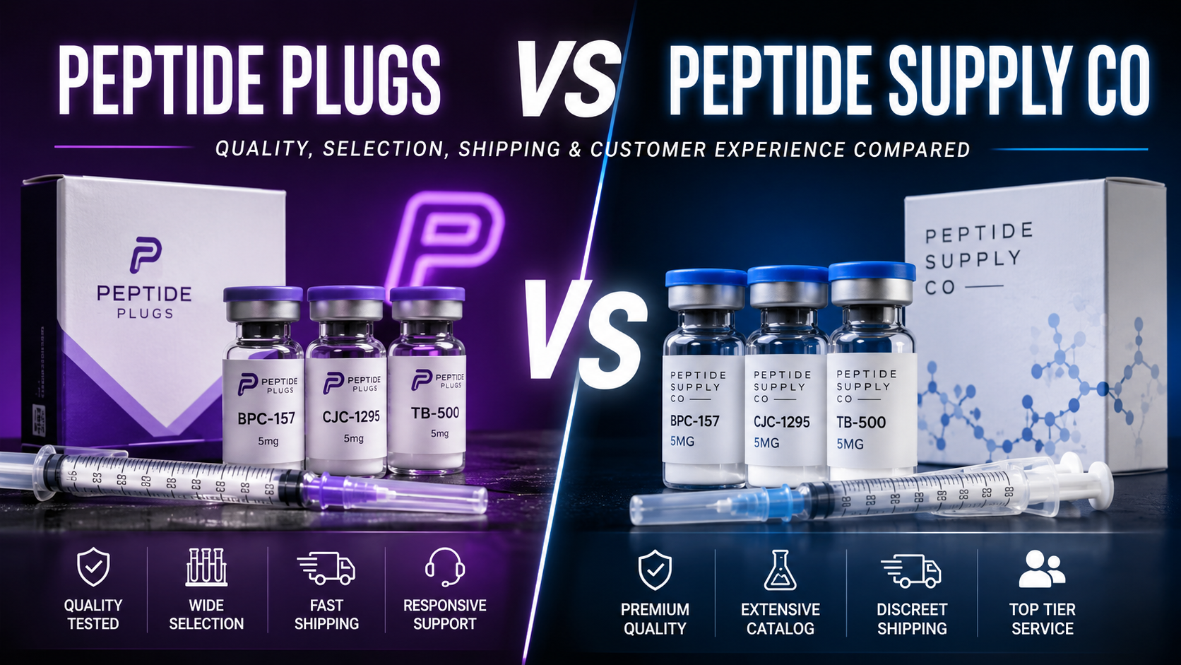 Peptide Plugs vs Peptide Supply Co comparison featuring branded research vials, packaging, shipping, selection, quality, and service categories