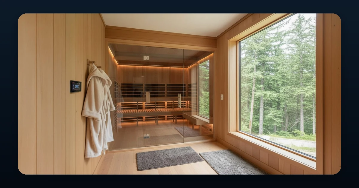 SaunaCloud review — cedar custom infrared sauna interior with glass front, bench-level heaters and a forest view, from the vendor's own build gallery
