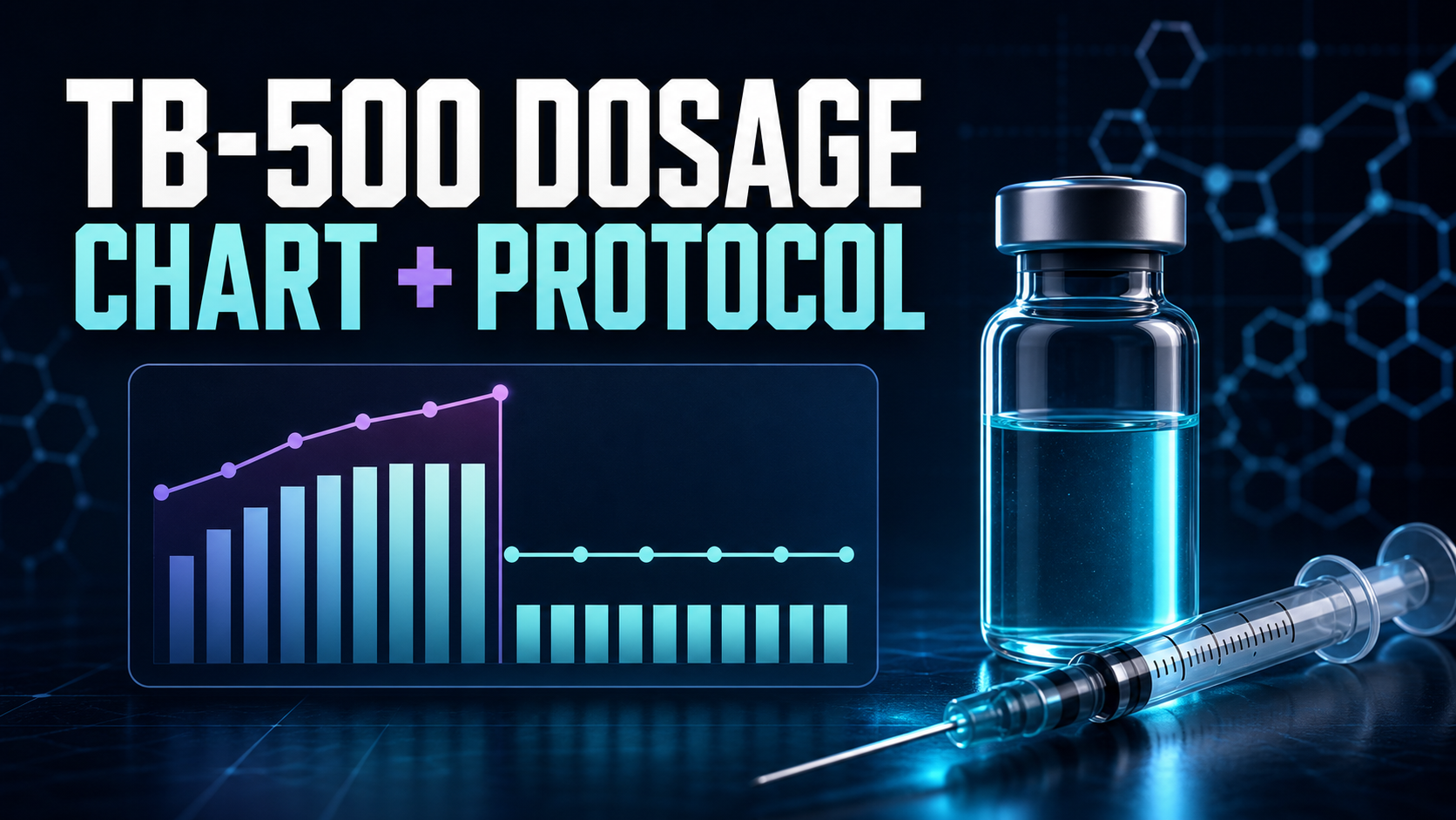 TB-500 dosage chart and research protocol thumbnail with a peptide vial, U-100 syringe, and loading-to-maintenance chart