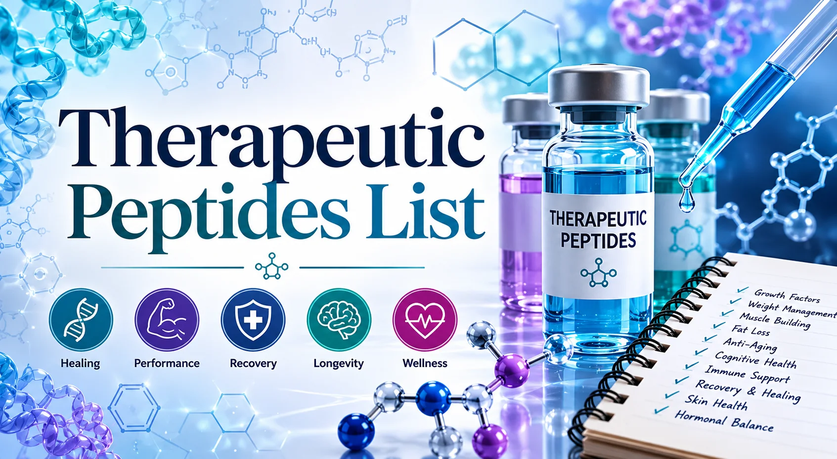 Peptide vials with molecular structures in a laboratory research setting