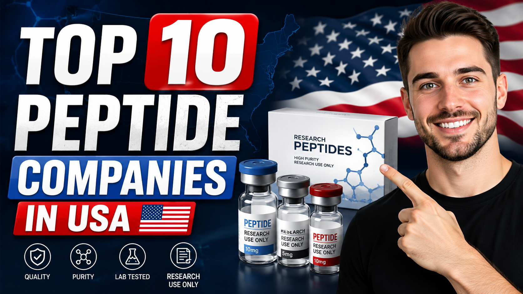 Top 10 peptide companies in USA thumbnail with research peptide vials, US flag background, and peptide product box