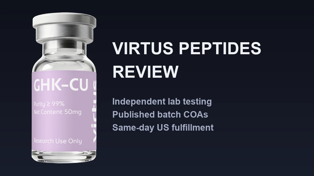 Virtus Peptides review — labeled GHK-Cu research peptide vial from virtuspeptides.com with independent lab testing, batch COAs, and same-day US fulfillment