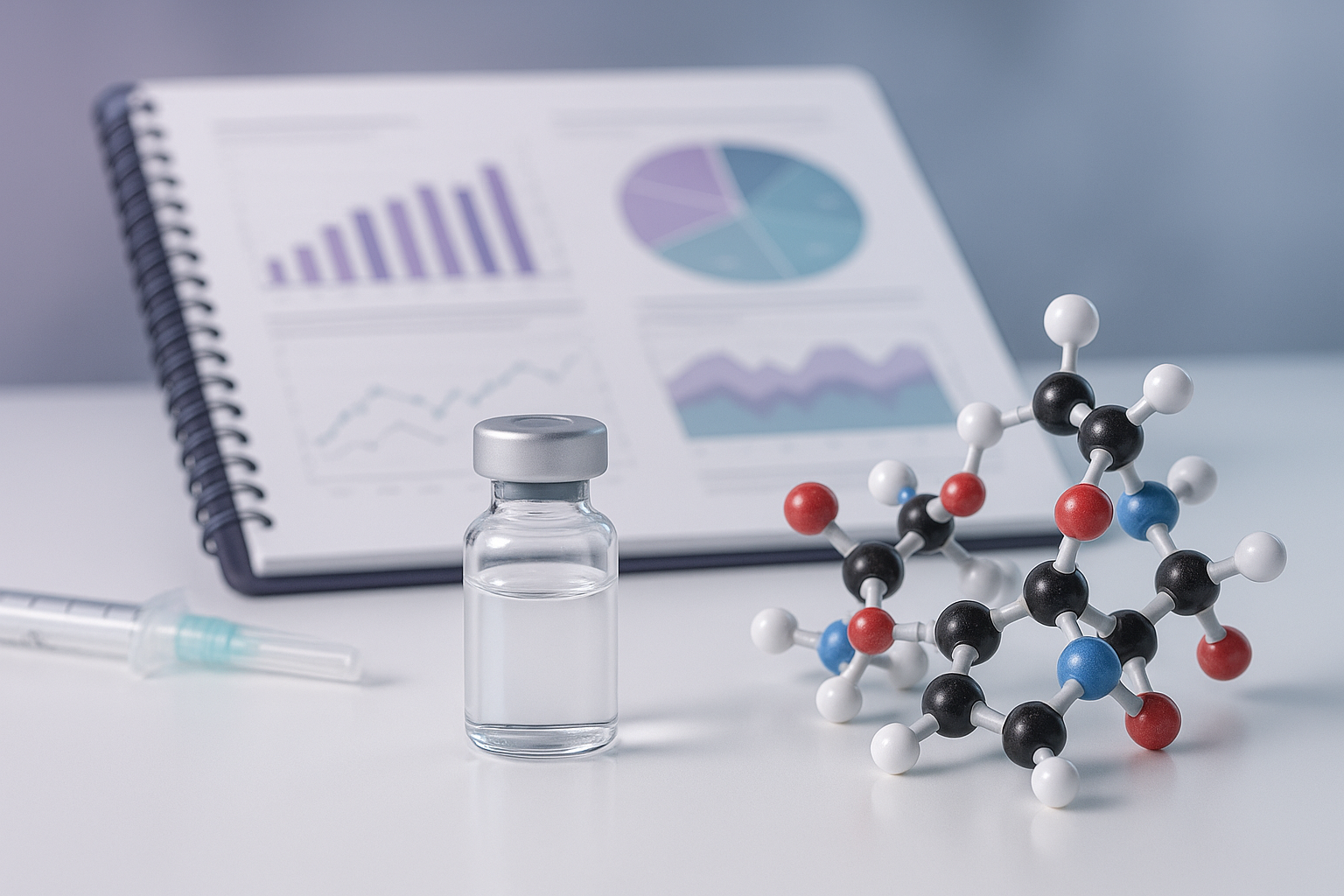 Cagrilintide peptide research vial with molecular model and metabolic research charts