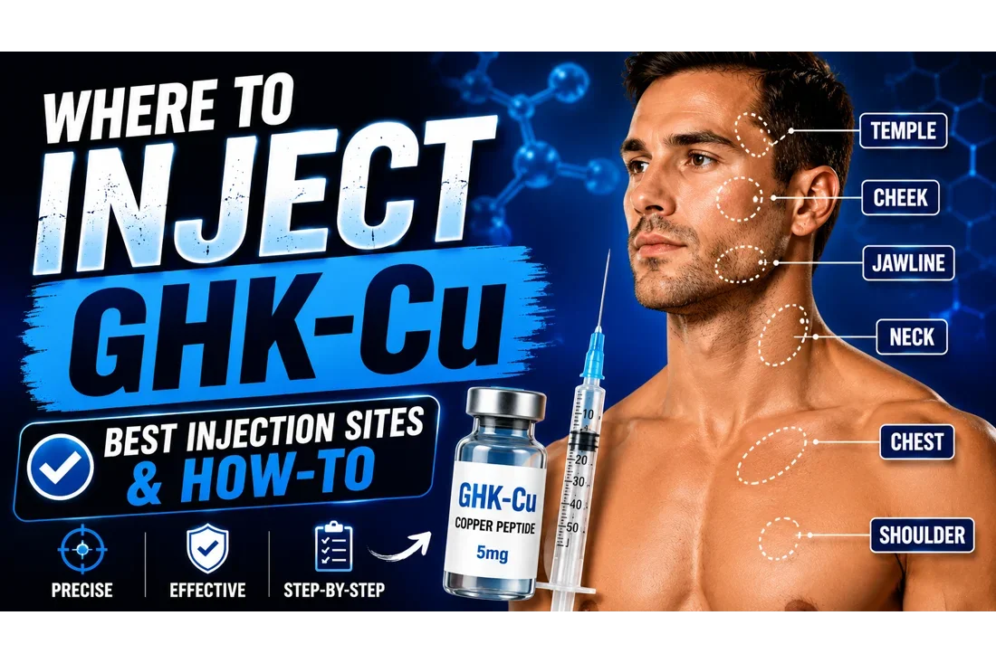 Where to inject GHK-Cu guide showing common injection sites with copper peptide vial